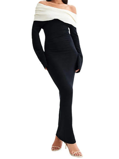 Vestido largo de punto sin espalda para mujer, elegante y ajustado, con contraste, para fiesta de otoño, de punto con retazos