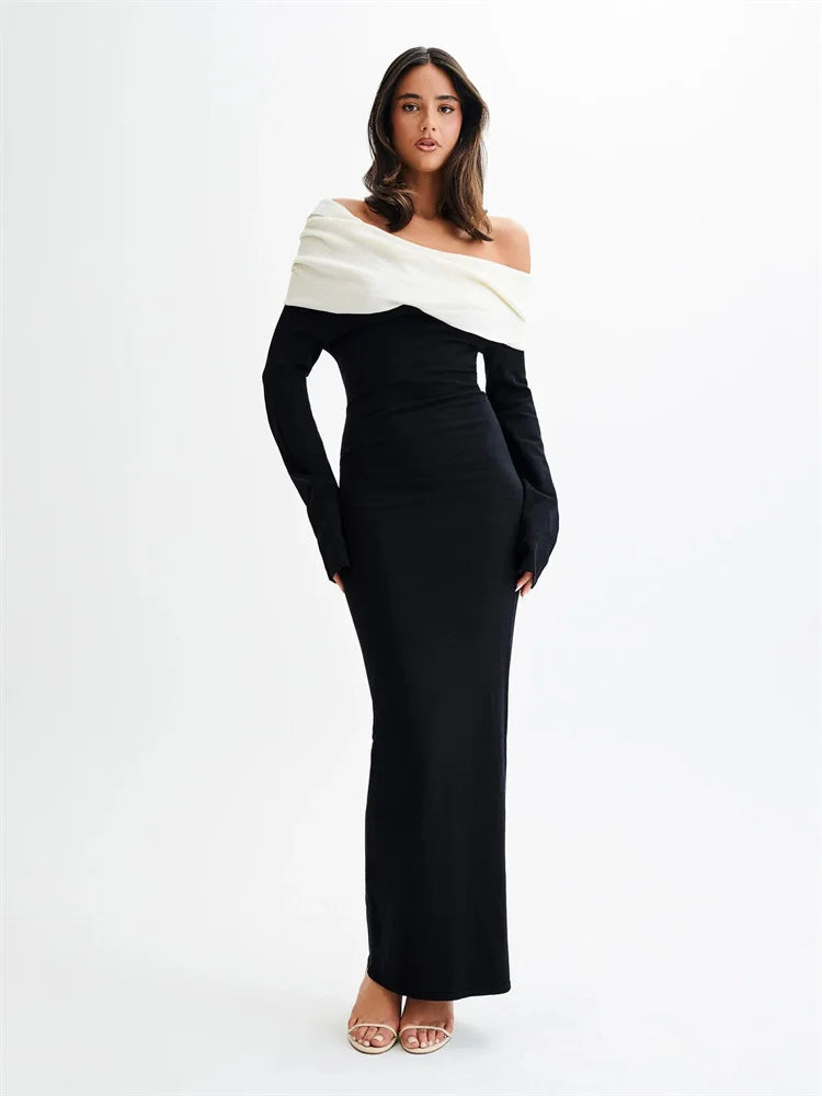 Vestido largo de punto sin espalda para mujer, elegante y ajustado, con contraste, para fiesta de otoño, de punto con retazos