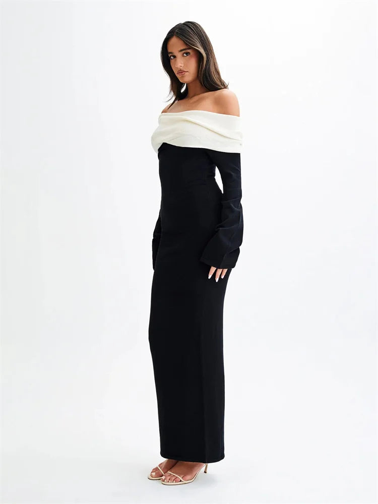 Vestido largo de punto sin espalda para mujer, elegante y ajustado, con contraste, para fiesta de otoño, de punto con retazos