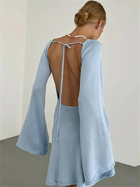 Backless Knitwear Lace-Up Mini Dress Female Fashion Long Sleeve Loose Holiday Beach High Waist Dress Knit Women Dress 2025
