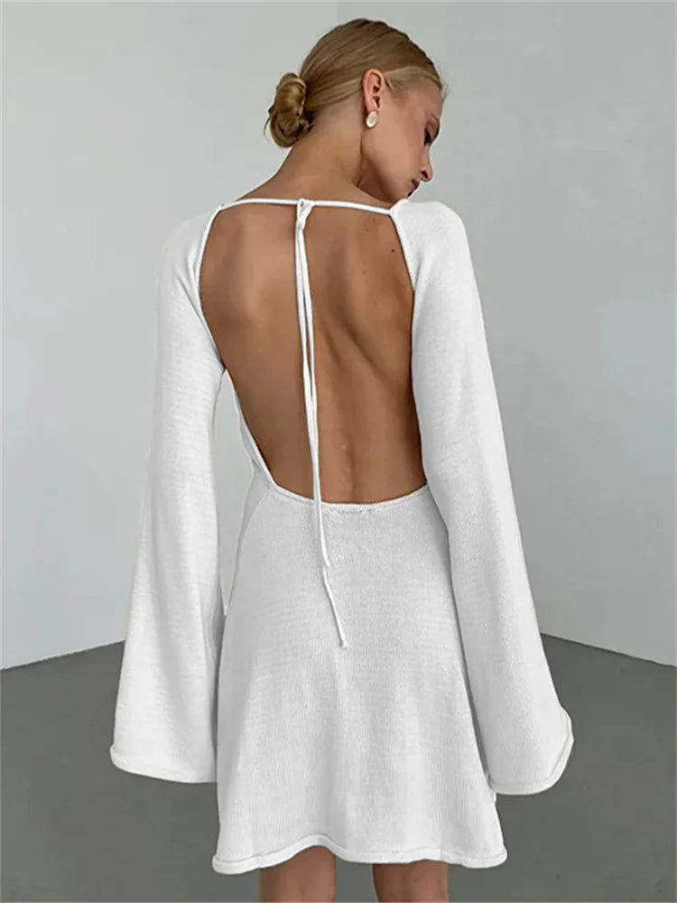 Backless Knitwear Lace-Up Mini Dress Female Fashion Long Sleeve Loose Holiday Beach High Waist Dress Knit Women Dress 2025