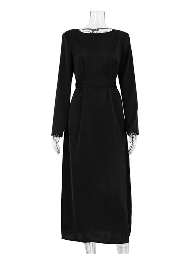 Vestido largo ajustado con cordones y espalda descubierta para mujer, moda Otoño 2025, negro, vendaje, manga larga, liso, elegante, patchwork