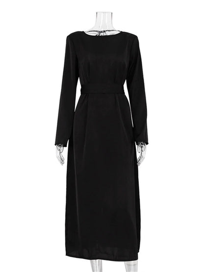 Vestido largo ajustado con cordones y espalda descubierta para mujer, moda Otoño 2025, negro, vendaje, manga larga, liso, elegante, patchwork
