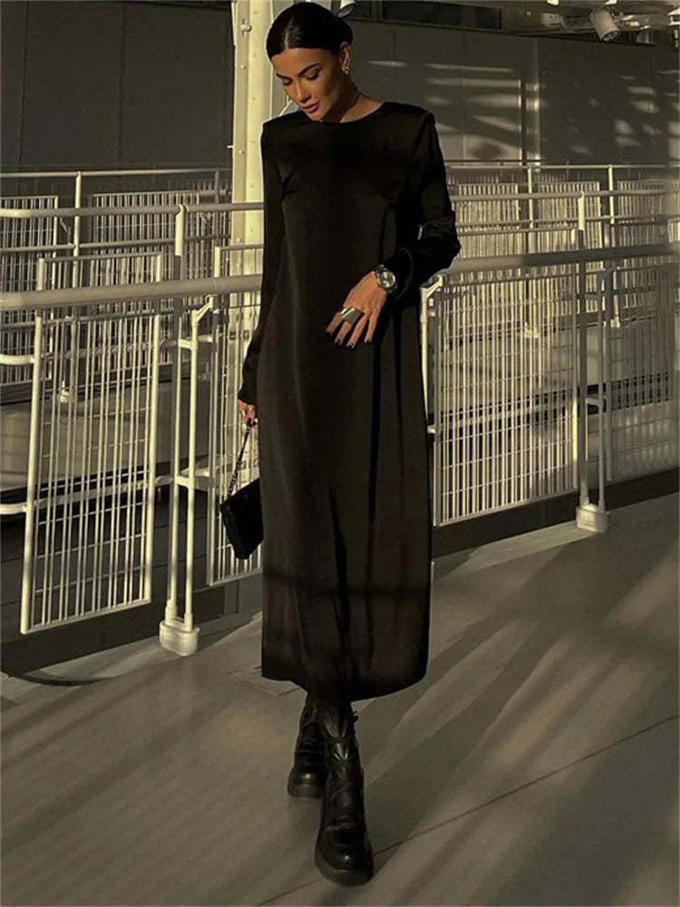 Vestido largo ajustado con cordones y espalda descubierta para mujer, moda Otoño 2025, negro, vendaje, manga larga, liso, elegante, patchwork