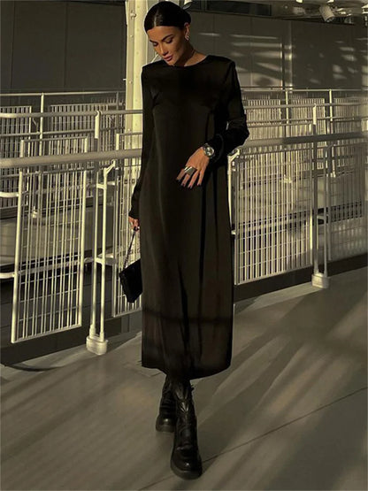 Vestido largo ajustado con cordones y espalda descubierta para mujer, moda Otoño 2025, negro, vendaje, manga larga, liso, elegante, patchwork
