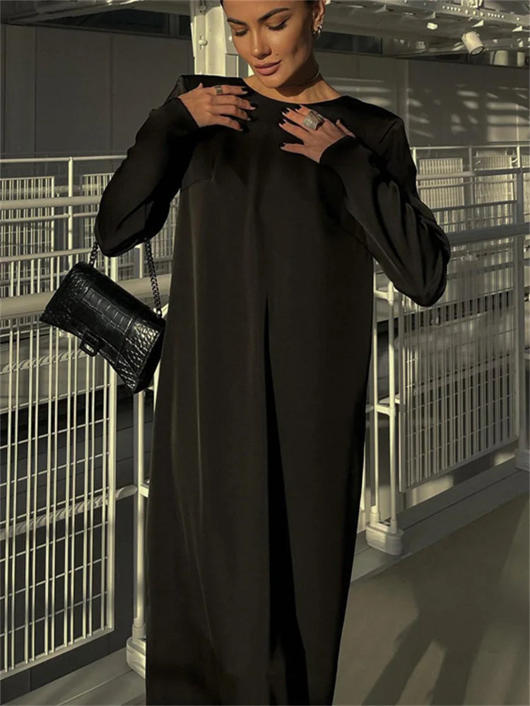 Vestido largo ajustado con cordones y espalda descubierta para mujer, moda Otoño 2025, negro, vendaje, manga larga, liso, elegante, patchwork