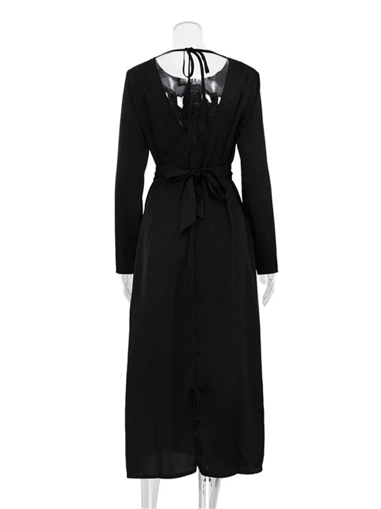 Vestido largo ajustado con cordones y espalda descubierta para mujer, moda Otoño 2025, negro, vendaje, manga larga, liso, elegante, patchwork