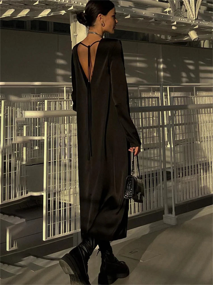 Vestido largo ajustado con cordones y espalda descubierta para mujer, moda Otoño 2025, negro, vendaje, manga larga, liso, elegante, patchwork