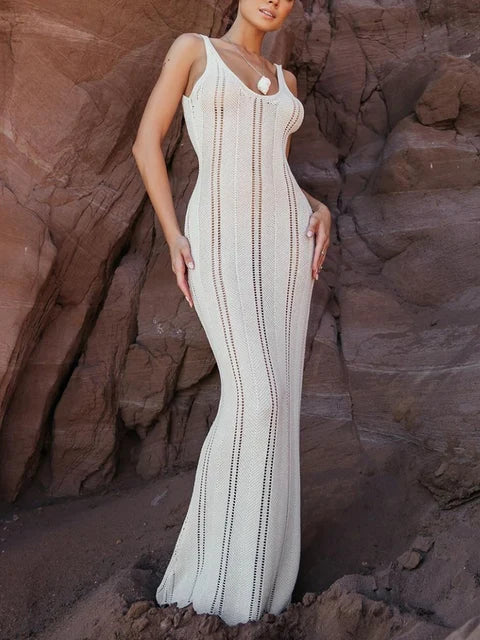 Backless Sexy Wrap Hip Knit Cover Up Dresses Hollow See Through Slim Sleeveless Solid Female Elegant Maxi Beach Dress 2025