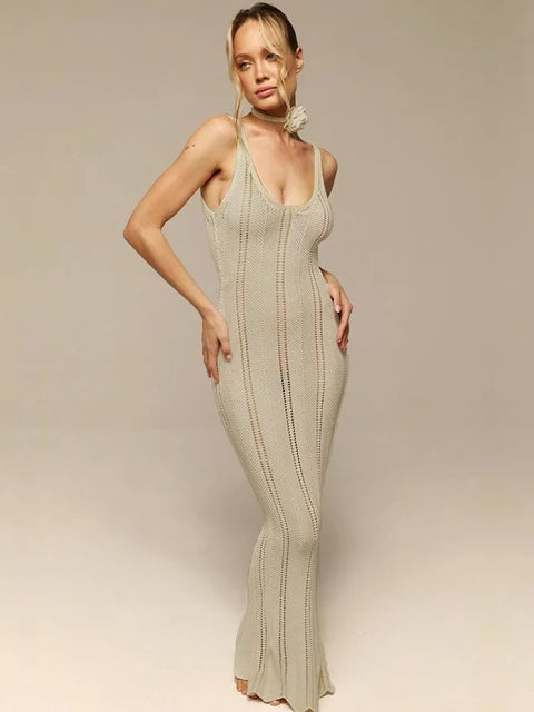 Backless Sexy Wrap Hip Knit Cover Up Dresses Hollow See Through Slim Sleeveless Solid Female Elegant Maxi Beach Dress 2025