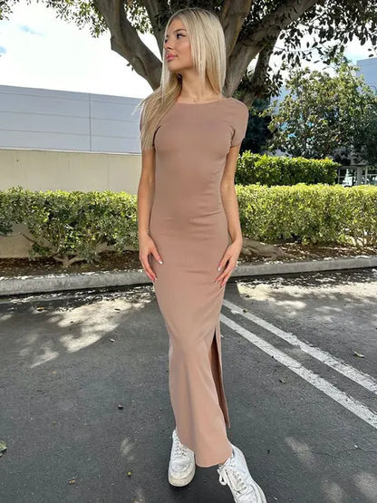 Vestido femenino sin espalda, ajustado, de manga corta, informal, elegante, con abertura lateral, ropa de calle, moda básica Y2k, vestido largo para mujer