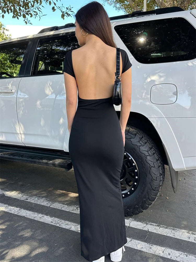 Vestido femenino sin espalda, ajustado, de manga corta, informal, elegante, con abertura lateral, ropa de calle, moda básica Y2k, vestido largo para mujer