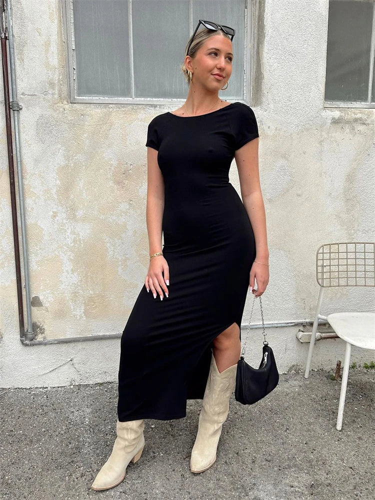 Vestido femenino sin espalda, ajustado, de manga corta, informal, elegante, con abertura lateral, ropa de calle, moda básica Y2k, vestido largo para mujer