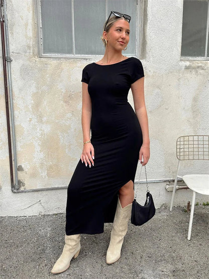 Vestido femenino sin espalda, ajustado, de manga corta, informal, elegante, con abertura lateral, ropa de calle, moda básica Y2k, vestido largo para mujer