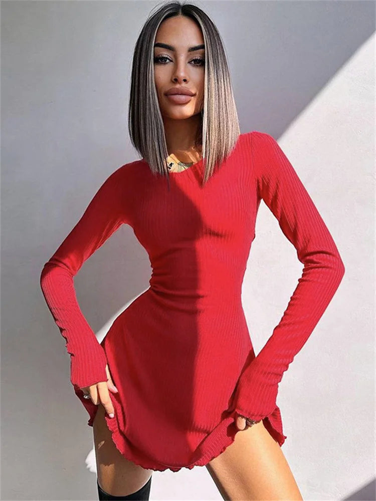 Bandage Ruffled High Waist Mini Dress For Women Long Sleeve Fashion Lace-Up Solid Patchwork Autumn 2025 Bodycon Dress New