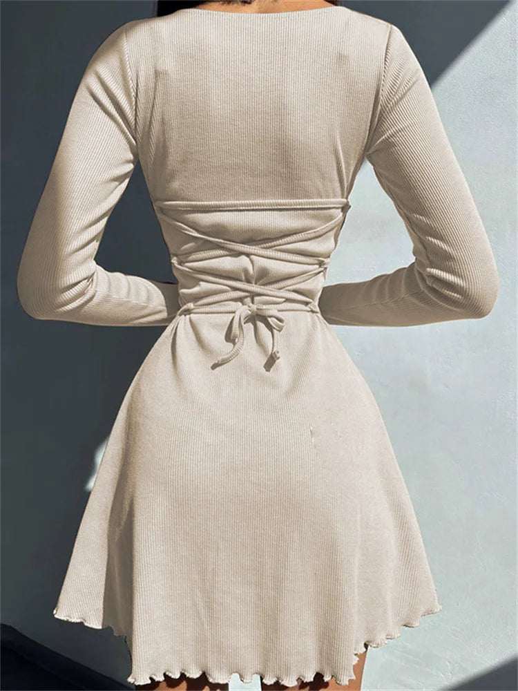 Bandage Ruffled High Waist Mini Dress For Women Long Sleeve Fashion Lace-Up Solid Patchwork Autumn 2025 Bodycon Dress New