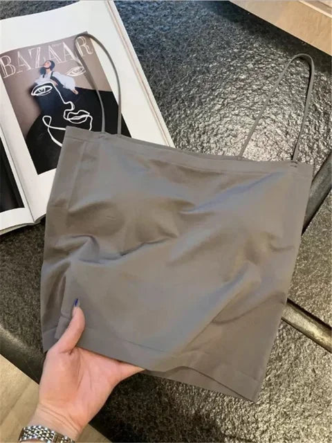 Top básico de tirantes finos, top blanco de verano para mujer 2025, camisola ajustada sin espalda, sin mangas, top bandeau corto