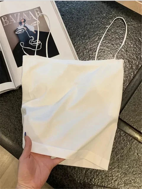 Top básico de tirantes finos, top blanco de verano para mujer 2025, camisola ajustada sin espalda, sin mangas, top bandeau corto