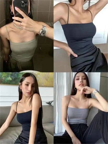 Top básico de tirantes finos, top blanco de verano para mujer 2025, camisola ajustada sin espalda, sin mangas, top bandeau corto