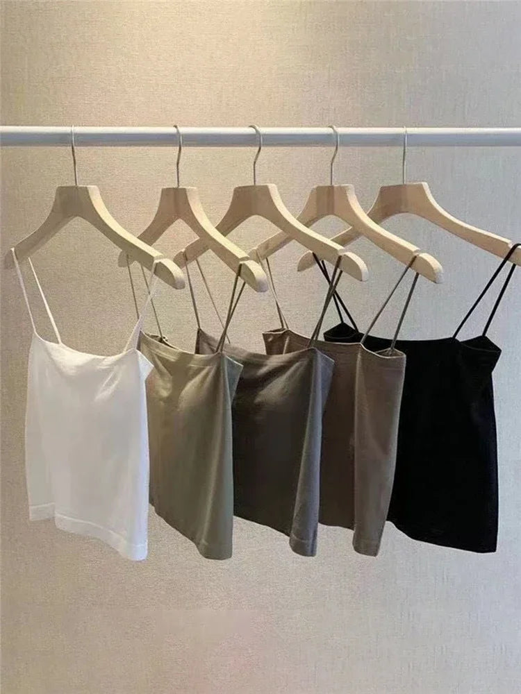 Top básico de tirantes finos, top blanco de verano para mujer 2025, camisola ajustada sin espalda, sin mangas, top bandeau corto