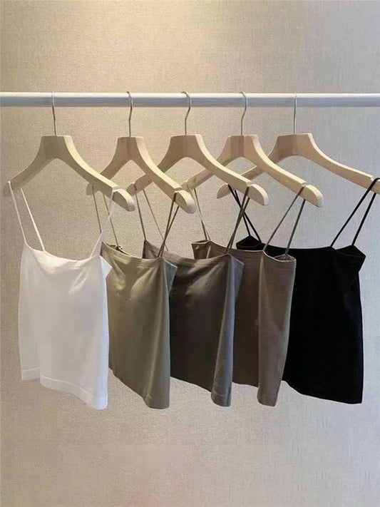 Top básico de tirantes finos, top blanco de verano para mujer 2025, camisola ajustada sin espalda, sin mangas, top bandeau corto