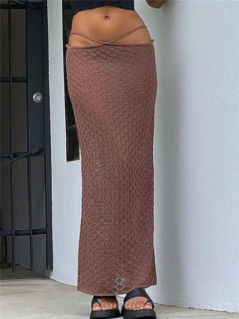 Beach See Through Long Skirts For Women Low Waist White Knitted Pencil Skirt Buttom Female Summer Fashion Party Clubwear