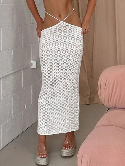 Beach See Through Long Skirts For Women Low Waist White Knitted Pencil Skirt Buttom Female Summer Fashion Party Clubwear