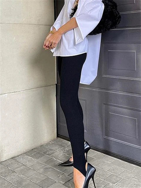Beige Ribbed Knit Leggings Women High Waist Cotton Fitness Basic Pants Casual Spring New All-Match Female Skinny Leggings