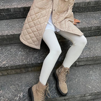 Beige Ribbed Knit Leggings Women High Waist Cotton Fitness Basic Pants Casual Spring New All-Match Female Skinny Leggings