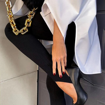 Beige Ribbed Knit Leggings Women High Waist Cotton Fitness Basic Pants Casual Spring New All-Match Female Skinny Leggings