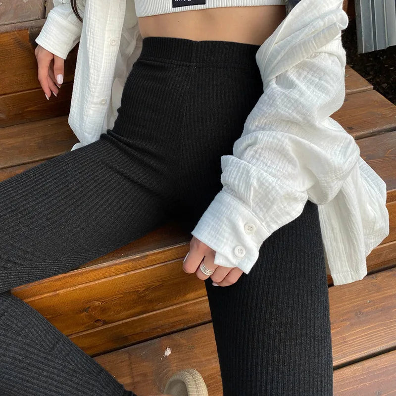 Beige Ribbed Knit Leggings Women High Waist Cotton Fitness Basic Pants Casual Spring New All-Match Female Skinny Leggings