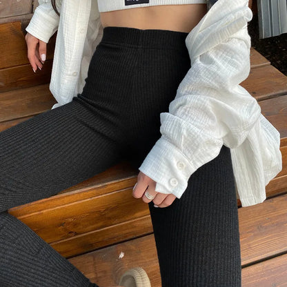 Beige Ribbed Knit Leggings Women High Waist Cotton Fitness Basic Pants Casual Spring New All-Match Female Skinny Leggings