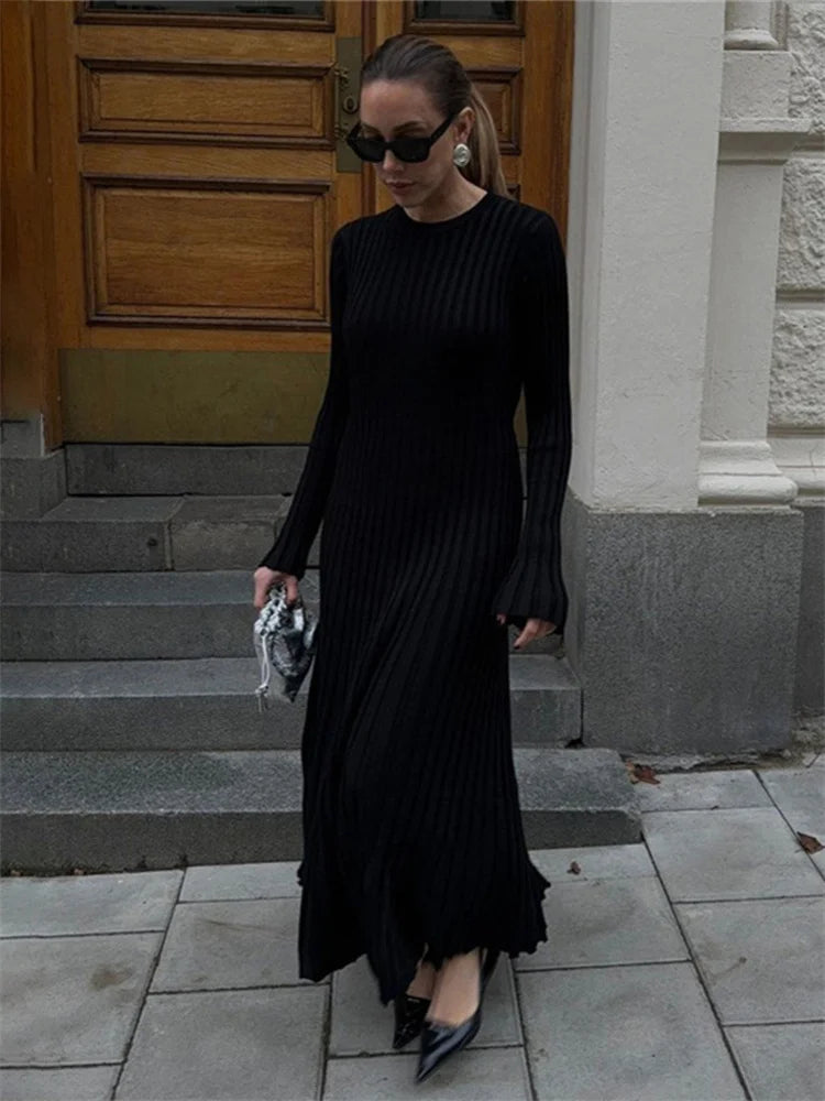 Vestido largo negro de punto de otoño para mujer, de canalé, holgado, con retazos, a la moda, de talle alto, liso, ajustado, de punto