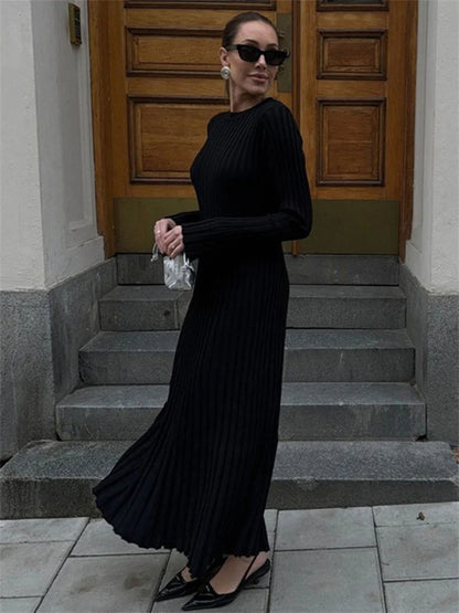 Vestido largo negro de punto de otoño para mujer, de canalé, holgado, con retazos, a la moda, de talle alto, liso, ajustado, de punto
