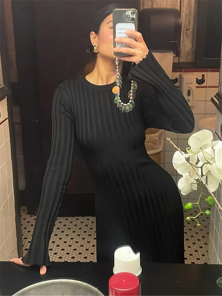 Vestido largo negro de punto de otoño para mujer, de canalé, holgado, con retazos, a la moda, de talle alto, liso, ajustado, de punto