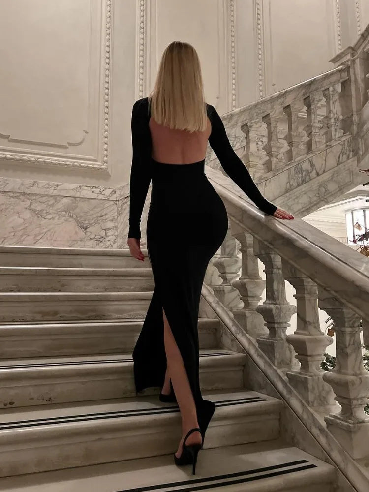Black Backless Slim Long Dress For Women High Split Fashion Long Sleeve Patchwork Party Dress Ladies Elegant Maxi Dress