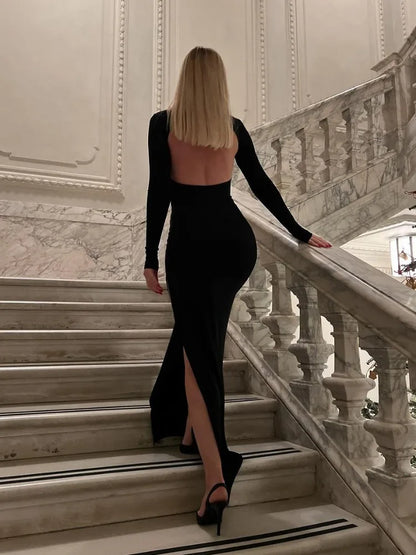 Black Backless Slim Long Dress For Women High Split Fashion Long Sleeve Patchwork Party Dress Ladies Elegant Maxi Dress