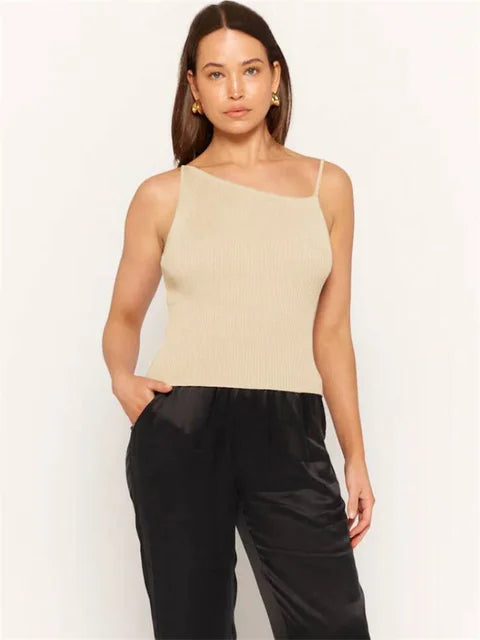 Camiseta negra de moda acanalada para mujer, jersey de espagueti, informal, de retazos, sin mangas, verano 2025, top ajustado para mujer