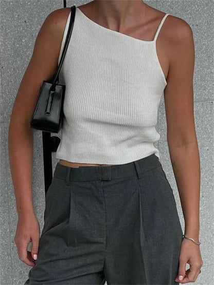 Camiseta negra de moda acanalada para mujer, jersey de espagueti, informal, de retazos, sin mangas, verano 2025, top ajustado para mujer