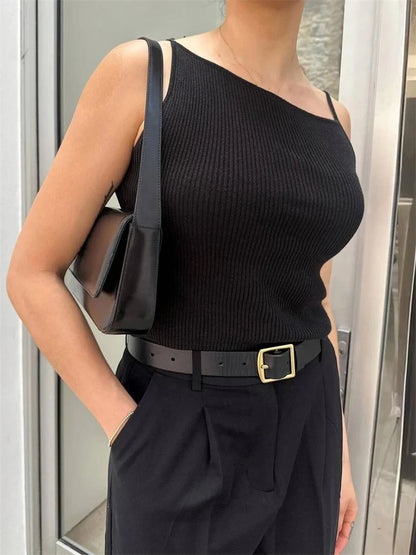 Camiseta negra de moda acanalada para mujer, jersey de espagueti, informal, de retazos, sin mangas, verano 2025, top ajustado para mujer