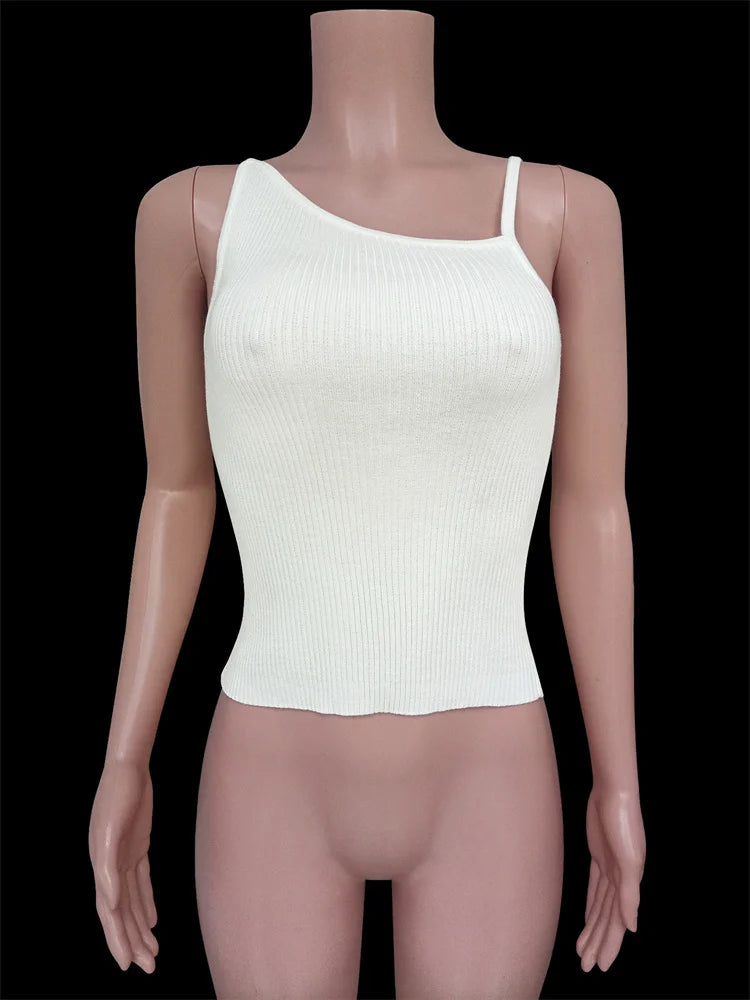 Camiseta negra de moda acanalada para mujer, jersey de espagueti, informal, de retazos, sin mangas, verano 2025, top ajustado para mujer