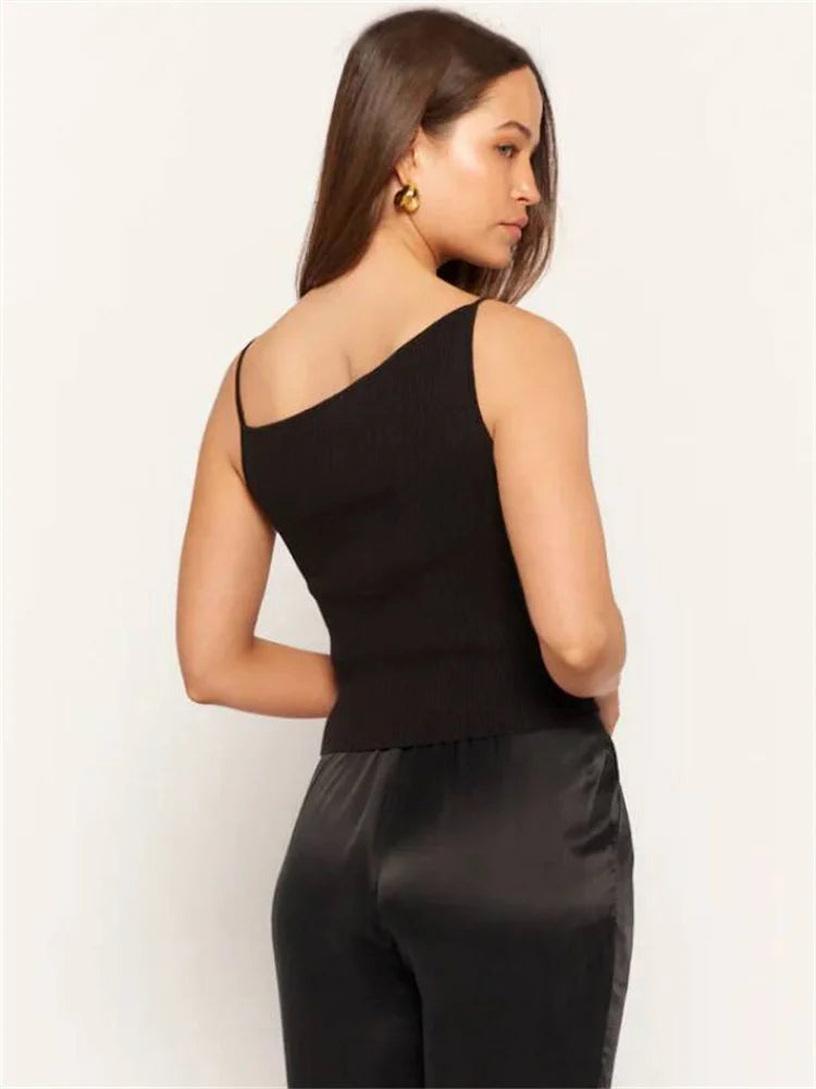 Camiseta negra de moda acanalada para mujer, jersey de espagueti, informal, de retazos, sin mangas, verano 2025, top ajustado para mujer