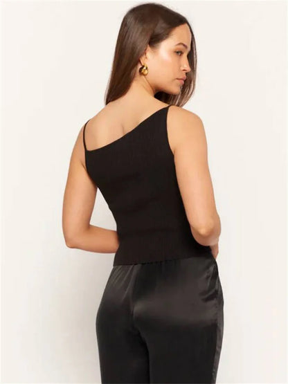 Camiseta negra de moda acanalada para mujer, jersey de espagueti, informal, de retazos, sin mangas, verano 2025, top ajustado para mujer