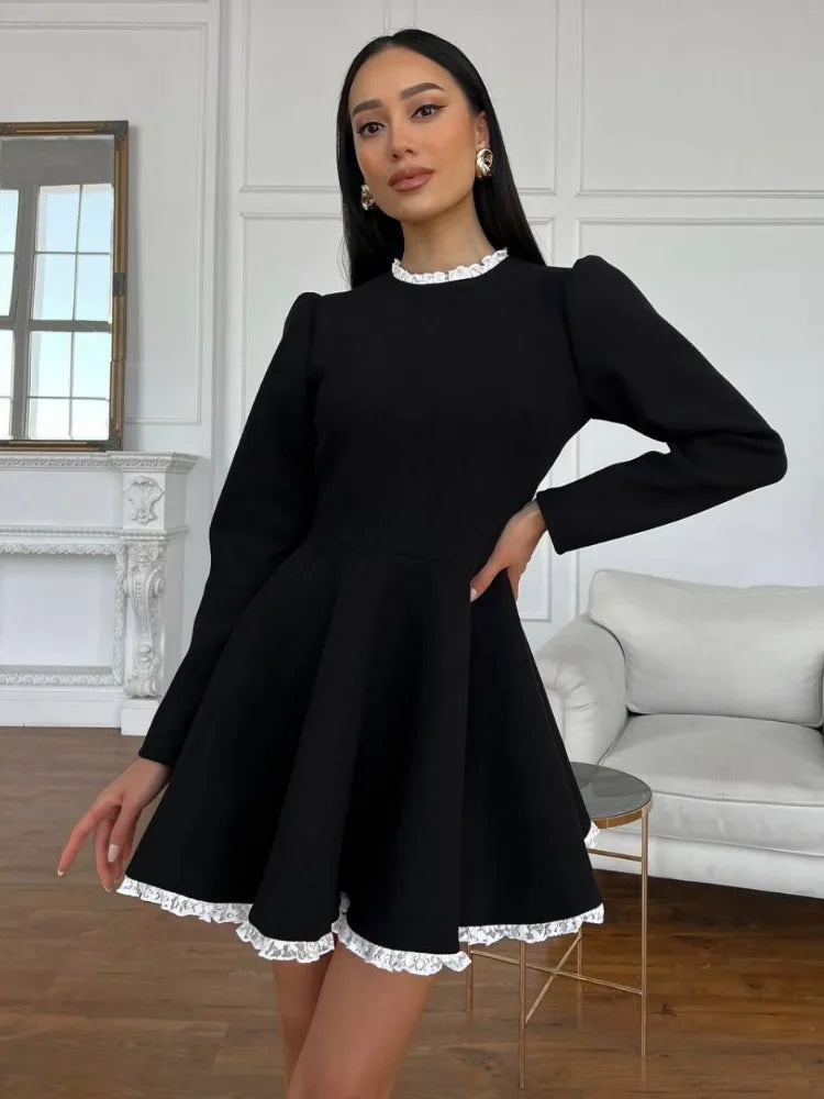 Minivestido de encaje negro – Vestido de fiesta vintage de cintura alta 2025