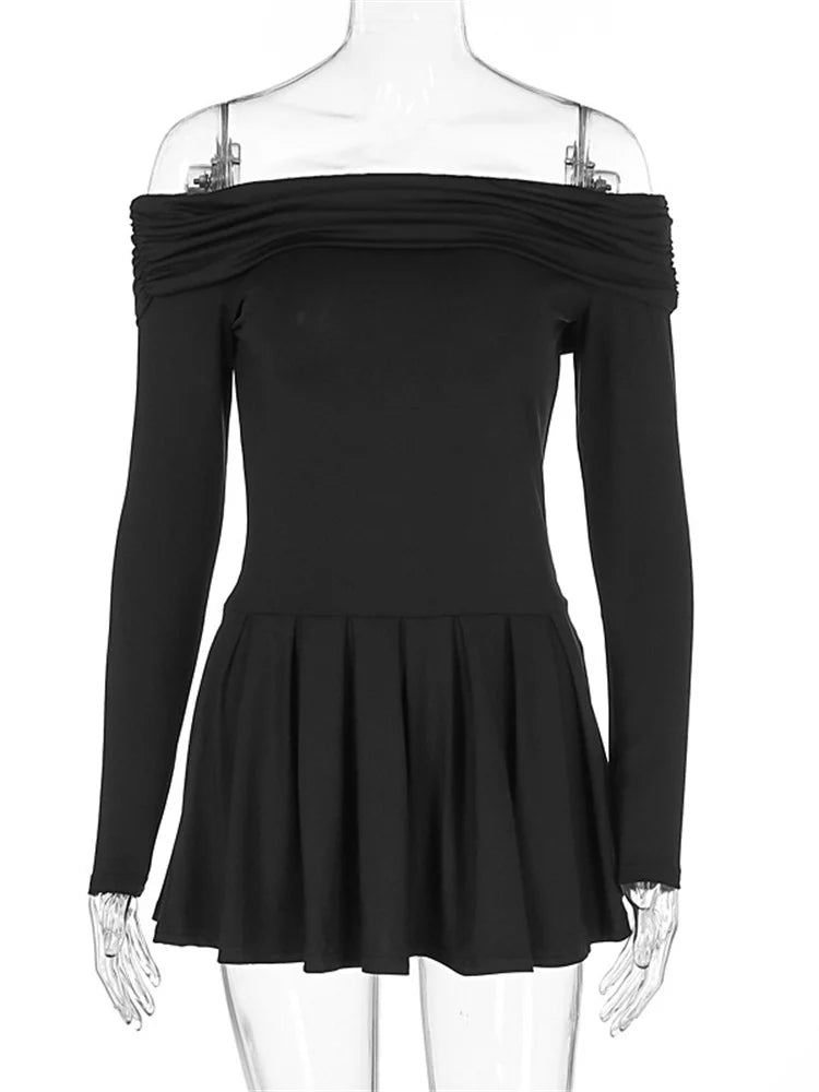 Black Off-Shoulder High Waist Mini Dress Women’s Pleated Fashion Patchwork Slim Backless Dress Female Sexy Dress Autumn