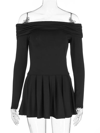 Black Off-Shoulder High Waist Mini Dress Women’s Pleated Fashion Patchwork Slim Backless Dress Female Sexy Dress Autumn