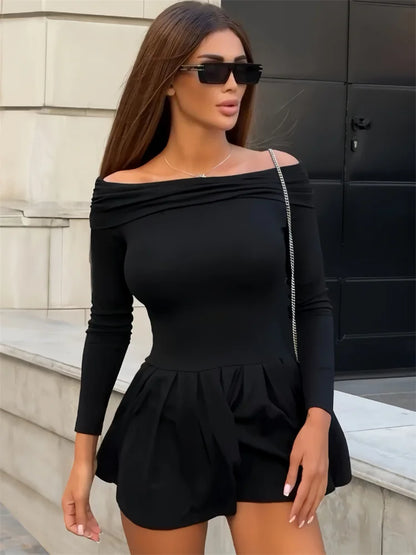 Black Off-Shoulder High Waist Mini Dress Women’s Pleated Fashion Patchwork Slim Backless Dress Female Sexy Dress Autumn