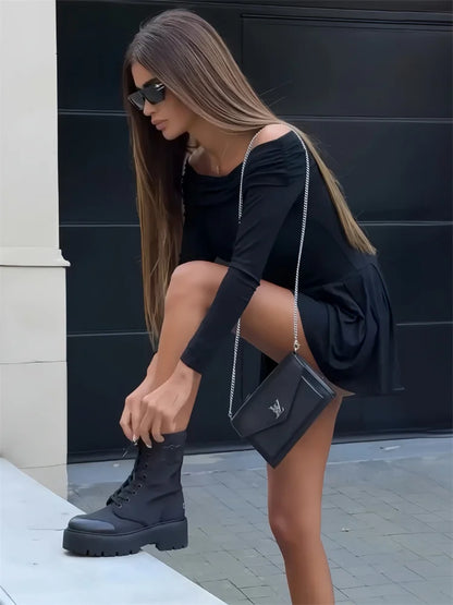 Black Off-Shoulder High Waist Mini Dress Women’s Pleated Fashion Patchwork Slim Backless Dress Female Sexy Dress Autumn