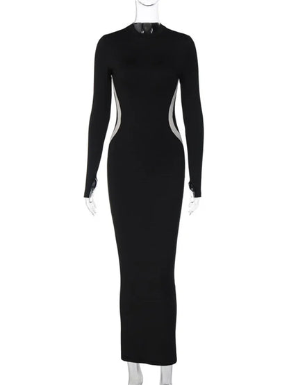 Vestido negro ajustado de patchwork para mujer, manga larga, moda, contraste, ajustado, elegante, para fiesta, informal, maxi, para mujer