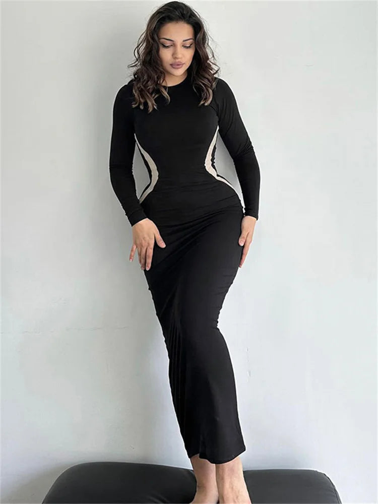 Vestido negro ajustado de patchwork para mujer, manga larga, moda, contraste, ajustado, elegante, para fiesta, informal, maxi, para mujer